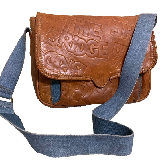 THE BRIDGE Brown Logo-Embossed Leather Vintage Saddle Messenger Bag w/Denim Trim - Picture 1 of 16
